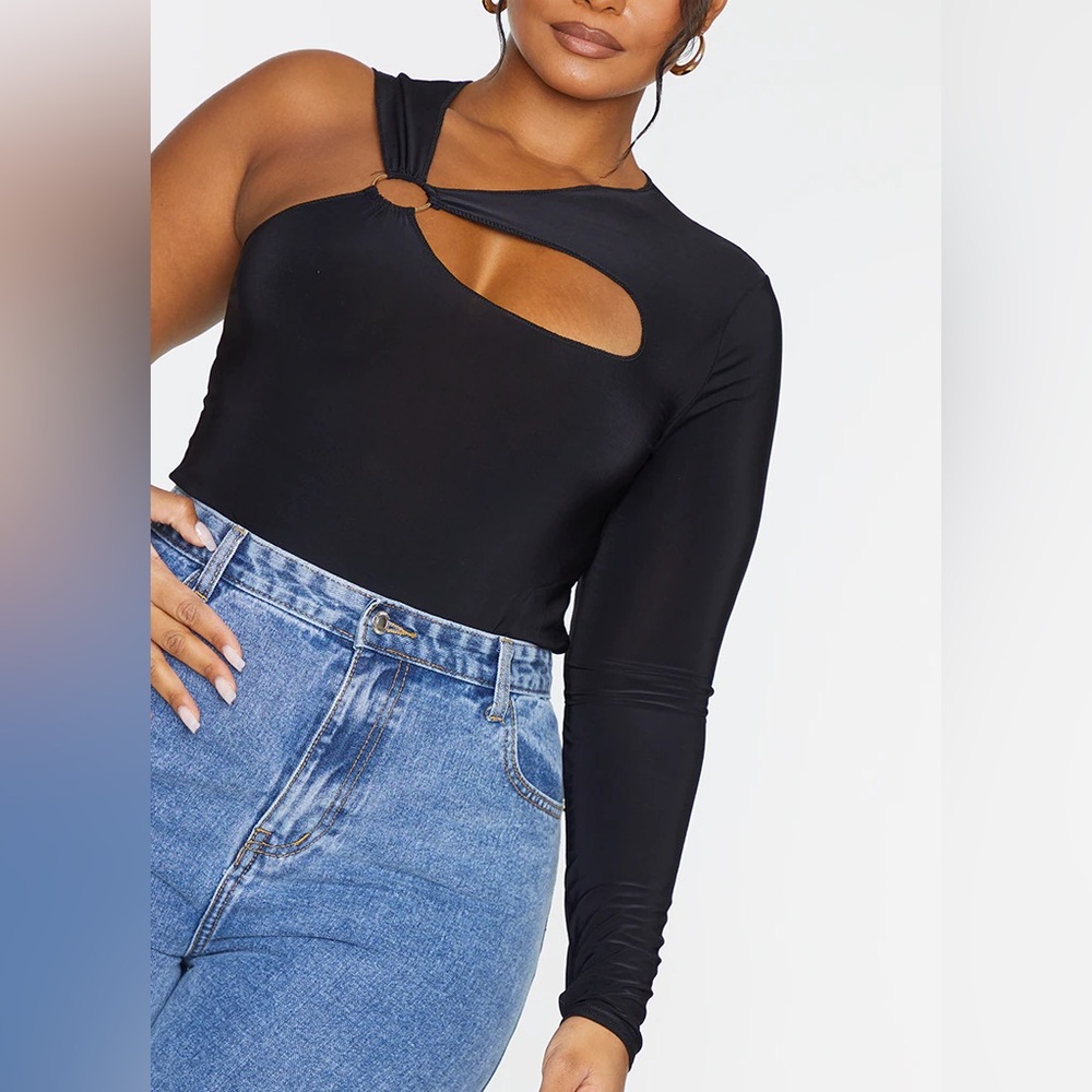 PrettyLittleThing Black One Shoulder Bodysuit - Size 16